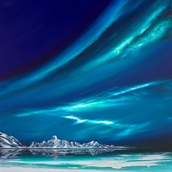 Northern Lights and Mountains by Jonathan Shaw - Original Painting on Board sized 36x36 inches. Available from Whitewall Galleries